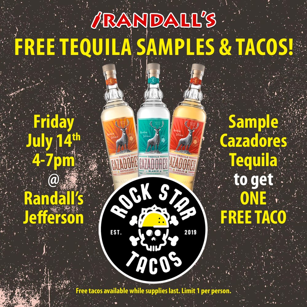 🌮 Join us this Friday, July 14th 4-7pm at Randall's Jefferson 🌮 Sample the varieties of Tequila Cazadores to get ONE FREE TACO from Rock Star Tacos. Free tacos are available while supplies last. Limit 1 per person.
#freesamples #rockstartacos #cazadorestequila #thingstodo #stl