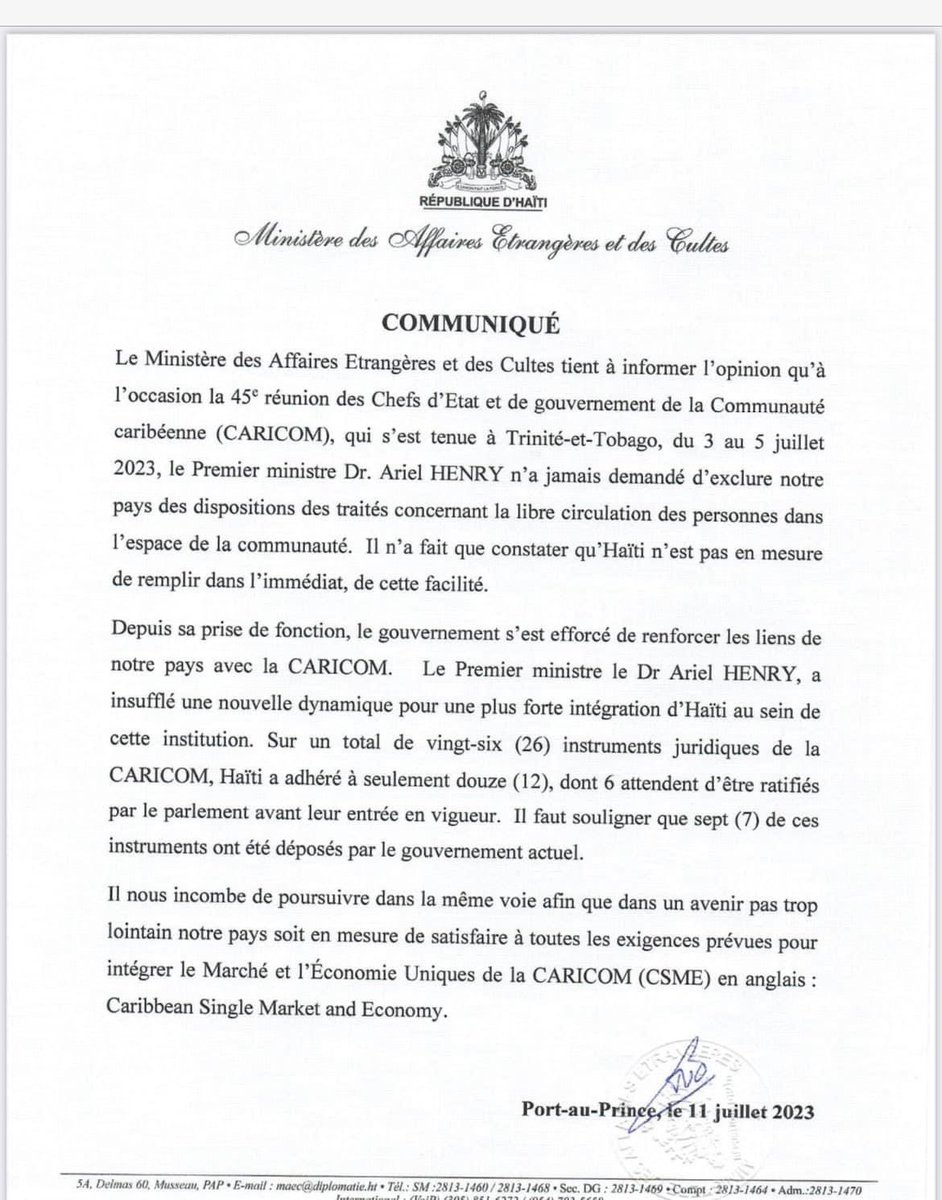 Dosye CARICOM, gouvènman an reyaji sou rimè k ap sikile depi avan yè sou kesyon lib sikilasyon an.