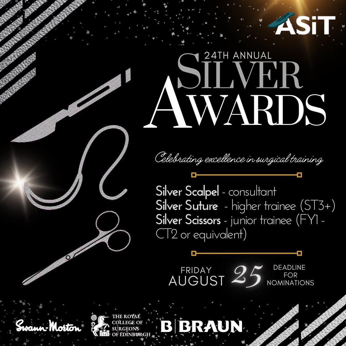 It’s that time of the year again!

Want to recognise a trainer (consultant to F1) who has gone the extra mile for trainees and promoted the highest 🚀 standards of #surgical #training?

Nominate them for the prestigious ASiT Silver Awards!

📅 25th Aug

🔗 tinyurl.com/ASiTSA24