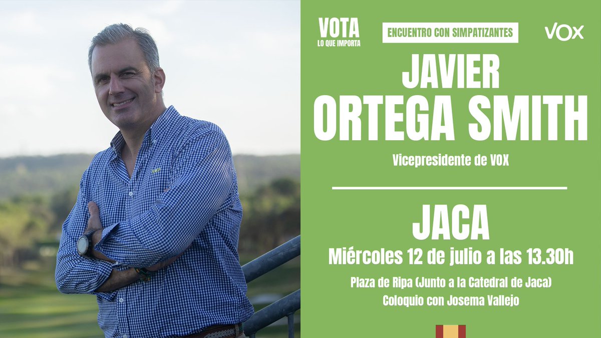 VoxHuesca's tweet photo. ‼️ Javier Ortega Smith visitará Huesca mañana ‼️

Tenemos el privilegio de contar con Javier en un doble encuentro: un coloquio en Jaca entre él y nuestro candidato al Congreso (Plaza de Ripa, 13:30) y una charla con afiliados y simpatizantes en Huesca (Café del arte, 20:00)💚🇪🇸 https://t.co/XiPd2KlLnZ