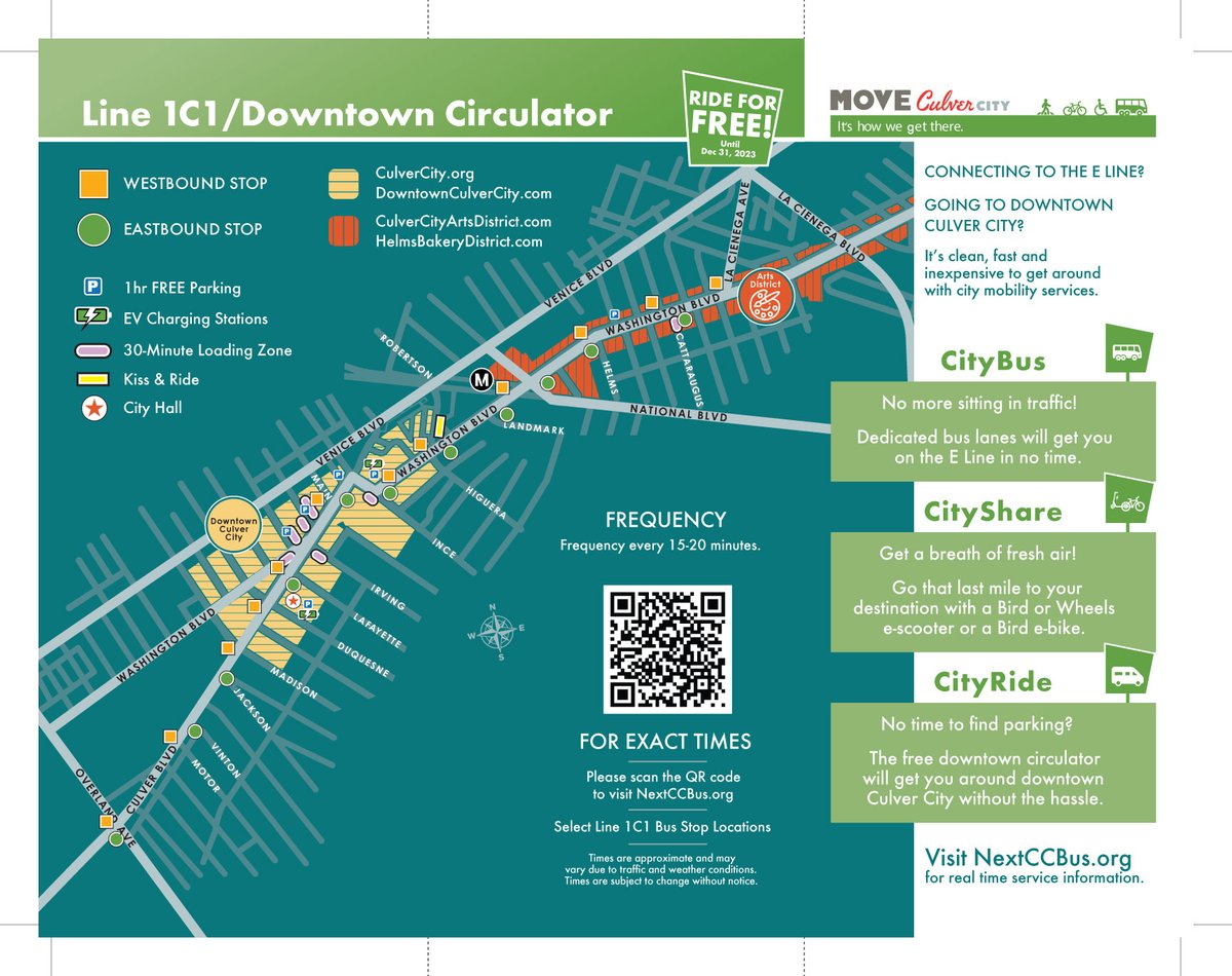 📣 Exciting news! 🚌 

Ride the Culver City Circulator &amp; enjoy FREE Trips until December 31, 2023! That's right, hop aboard the  Circulator and explore Culver City without spending a dime! Use the NextCCBus app or CulverCityBus.com for exact times