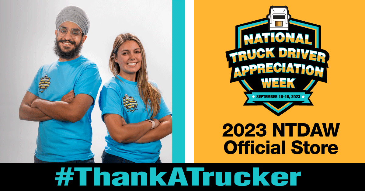TRUCKINGdotORG's tweet photo. Want to #ThankATrucker this upcoming National Truck Driver Appreciation Week? Gift them a #NTDAW23 T-Shirt now available for purchase on the 2023 NTDAW Official Store. Show your appreciation today! https://t.co/uUjeV7CQpu https://t.co/rLqNAfhIBV