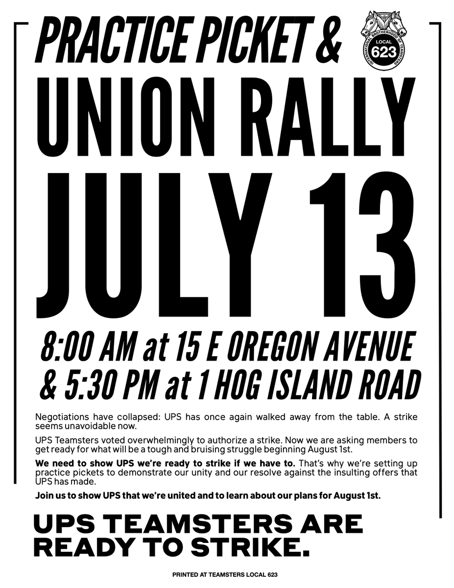 SenatorSaval's tweet photo. UPS @Teamsters and members of our @623Local are getting ready for what could be the largest strike at a single employer in our country’s history. Let’s stand with them and show that no matter what happens, we have their backs. See you there! #PhillyIsAUnionTown https://t.co/OXJSjtMtNI