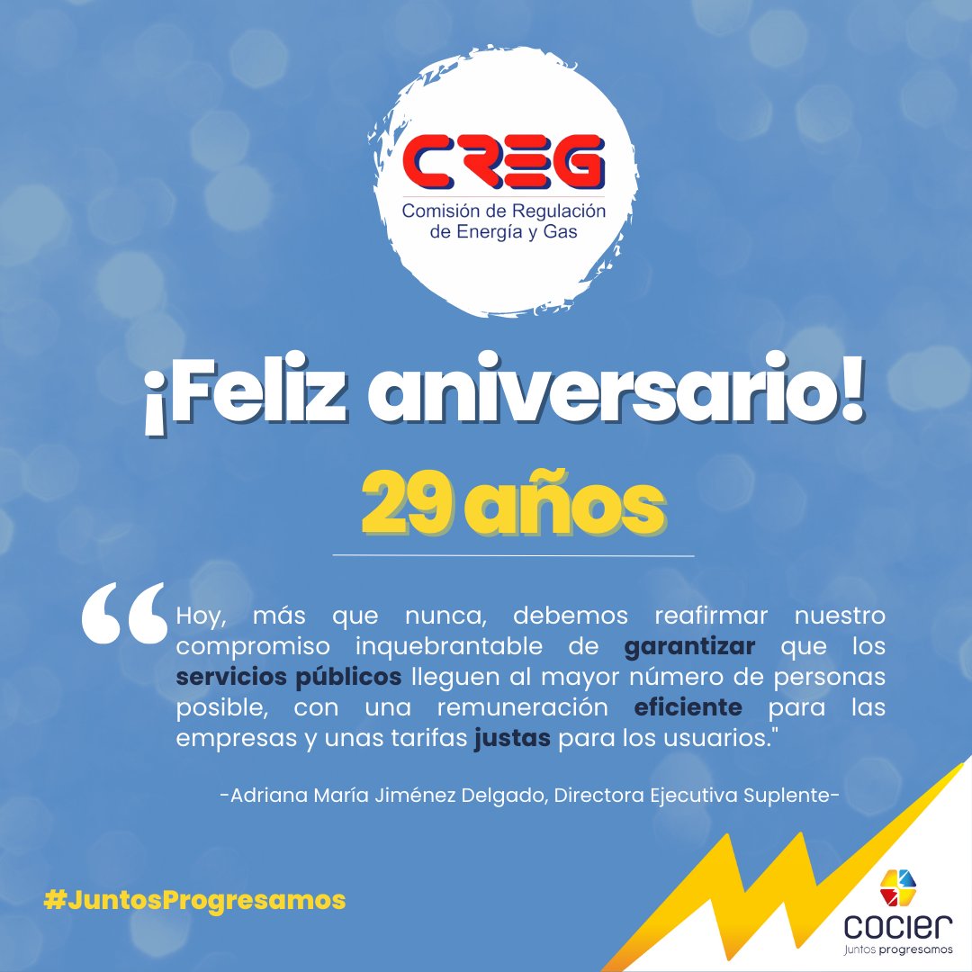#Felizaniversario | 👏 Desde el Comité Colombiano de la CIER, celebramos juntos sus 29 años. ¡Felicitaciones! 📷
<a href="/comisioncreg/">@ComisionCREG</a>