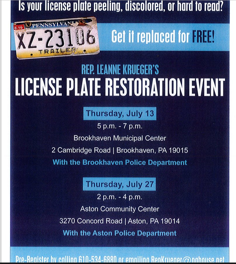 brookhavenpd_pa's tweet photo. See attached flyer for our license plate event this Thursday! https://t.co/oWAwB8DOdI