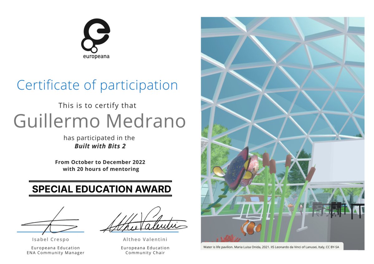 I share my happiness with the net☺️

I co-created an educational #Metaverse &amp; got the "Special Education Award" with my contribution in #BuiltWithBits (<a href="/Europeanaeu/">Europeana</a> project)

+pro.europeana.eu/page/built-wit…

An extra effort that worth it💪🏻

📹youtu.be/1-pGg20l-74

#NewEuropeanBauhaus