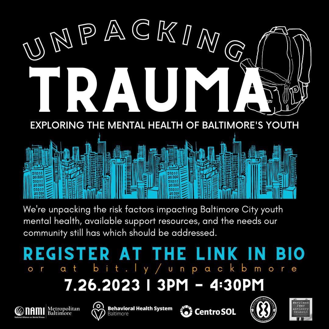 July is Minority Mental Health Awareness Month. 

Join us for “Unpacking Trauma: Exploring the mental health of Baltimore's youth” on 7/26, from 3-4:30 by registering here: bit.ly/unpackbmore

 #mentalhealth #education #mentalhealthawareness #trauma #jhcentrosol