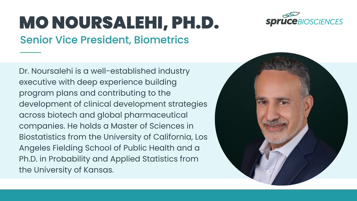 Spruce_Bio's tweet image. We’re bringing back our #ExecutiveSpotlight to feature the newest addition to our team, Mo Noursalehi, Ph.D., Senior VP of Biometrics, a seasoned industry executive with nearly three decades of #biotech and #pharma experience.

Join us in welcoming Dr. Noursalehi to Spruce! $SPRB