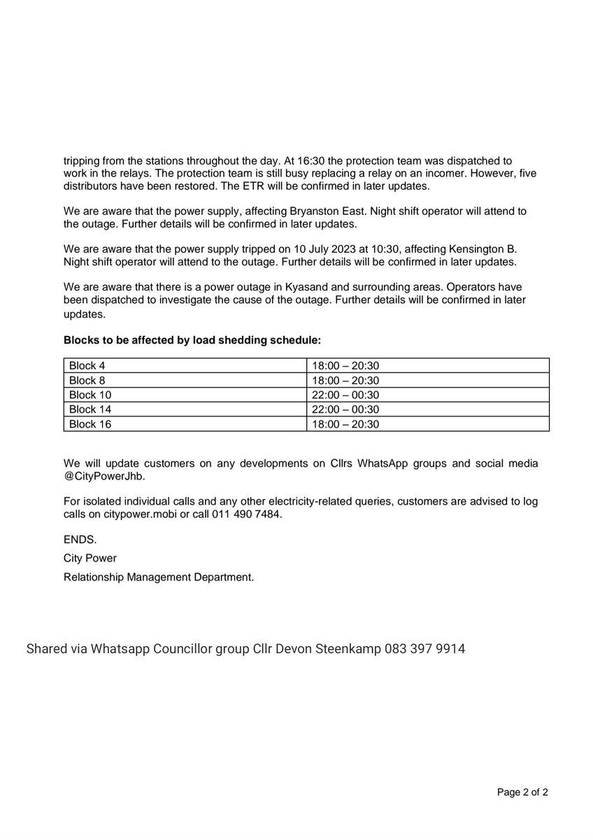 THEDEVCHEV's tweet image. ⚡ #Block8 #Block10 #NorthridingAH #KyaSand #Northgate
11 July 2023 20h45 - Cllr Devon Steenkamp 

Finally a update received