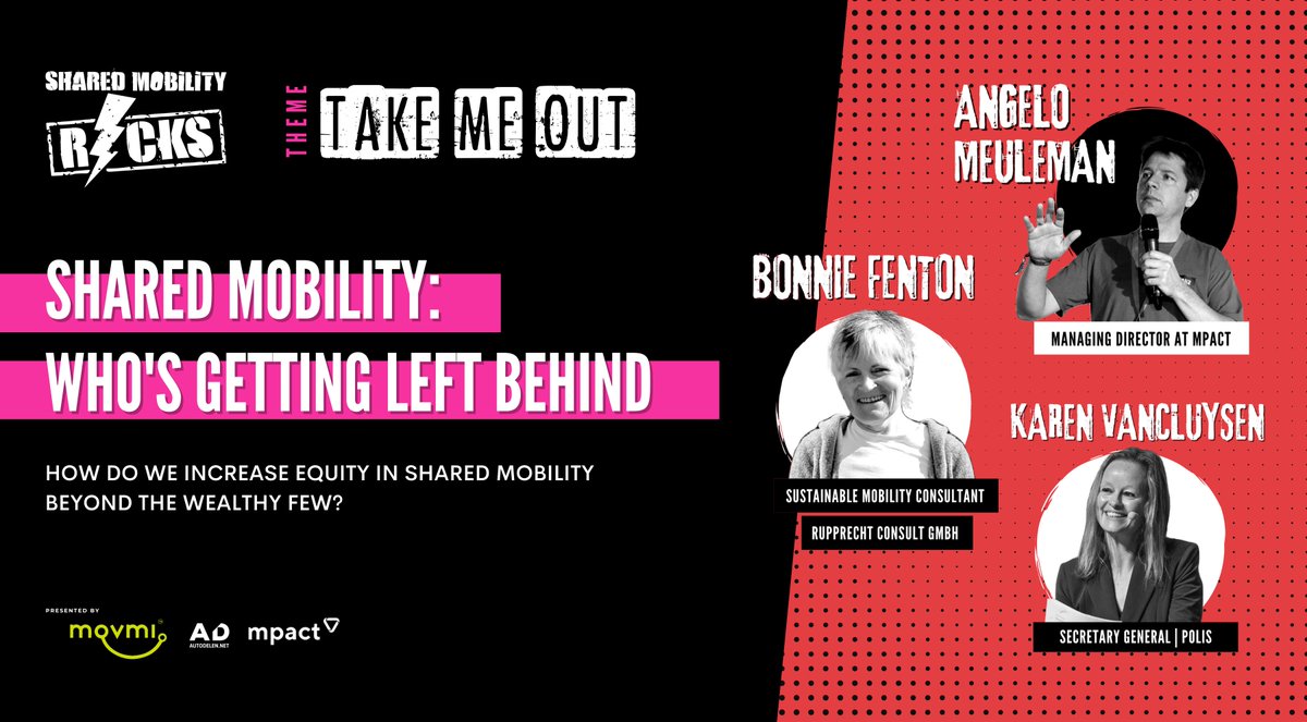 #SharedMobility: Who's Getting Left Behind? In this session, the panel will provide examples of #sharedmobility being made accessible to people with different forms of reduced #mobility. 

🎤 Bonnie Fenton, Karen Vancluysen, Angelo Meuleman

Tickets: eventbrite.ca/e/shared-mobil…