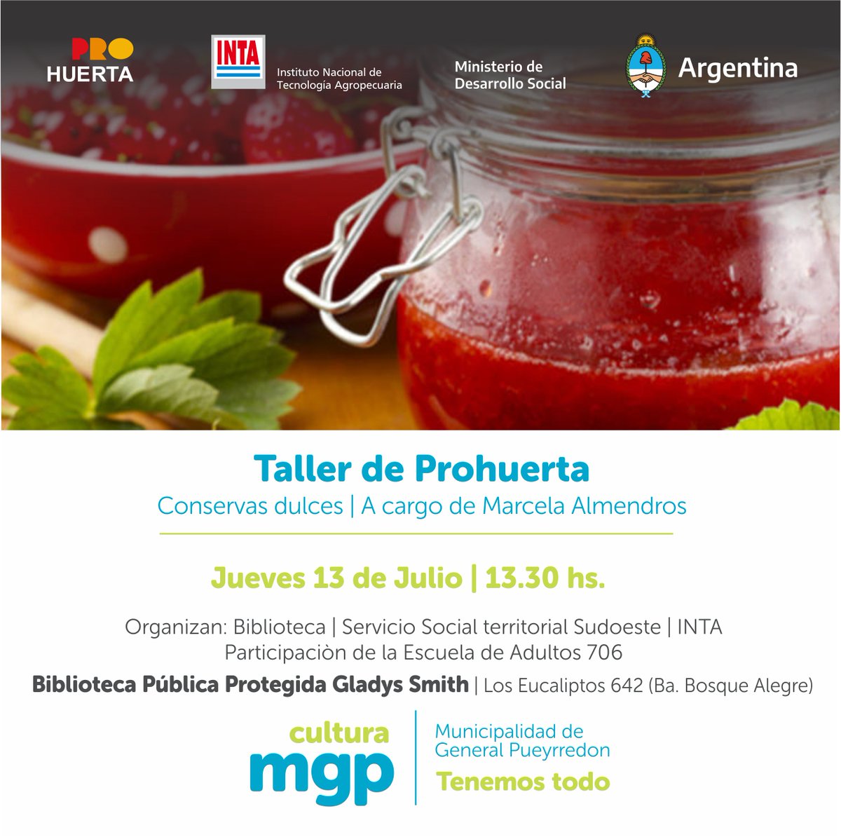 Buenas tardes ⛅️
Les invitamos a participar del próximo encuentro de Pro Huerta, en esta oportunidad trabajaremos con 'Conservas Dulces'  🍎🍓🫐🍒
Será el jueves 13 a las 13.30 hs en la #Biblioteca 
📌 Los Eucaliptus 642. Barrio Bosque Alegre
GRATUITO🙌 #Talleresgratuitos #INTA