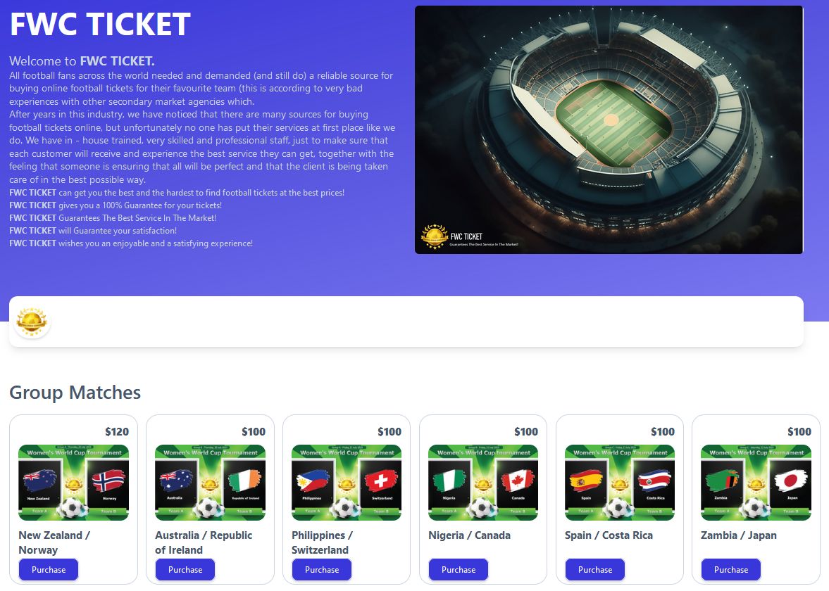 FWCOMMUNITY_Q2T's tweet photo. https://t.co/ApXH3x0vtk NOW IS AVAILABLE 

You can buy tickets now and enjoy watching the Women's World Cup matches.

Women world cup tickets will be available to buy on the timeline.
1_Group Matches (available now) 
2- Round of 16 (will available 12th)
3- Quarter-finals (will available 12th)
4- Semi-finals(will available 12th)
5- 3rd place(will available 12th)
6- Final(will available 12th)

How can we buy tickets 🎫?
1_Go to https://t.co/7ExCjNAYZH
2_Go to the menu and sign up
3_Choose your favorite ticket 🎫 and category (category 1, 2, or 3)
4_Add your ticket to the cart
5_Connect your wallet to https://t.co/7ExCjNAYZH and make the payment
6_After payment, you will receive the ticket on your email within 24 to 48 hours

#ticket 
#FWC #crypto
#cryptocurrency
#Platform
#Community #Binance
#bscscan #wallet #womenworldcup
