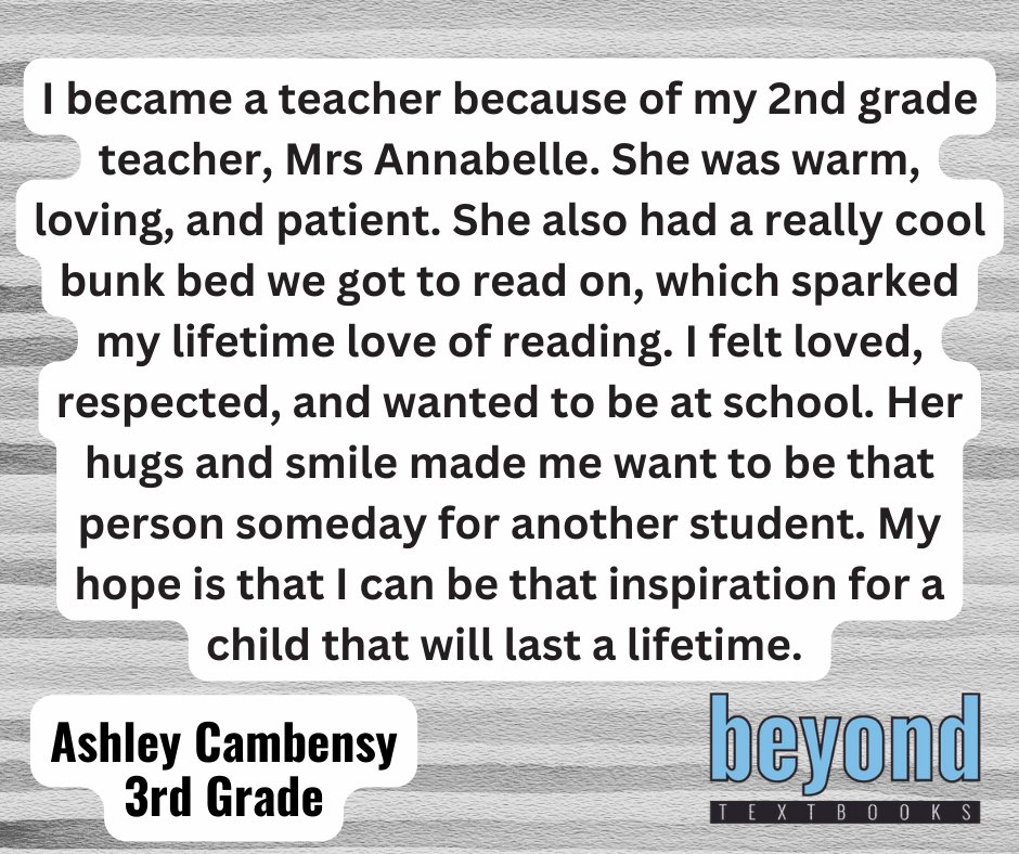 Teachers - Why do you teach?

Meet Ashley, who shares her reasons.

Then, we'd love to hear yours as well!

#WhyITeach #BeyondTextbooks #Teach #Teaching #Education