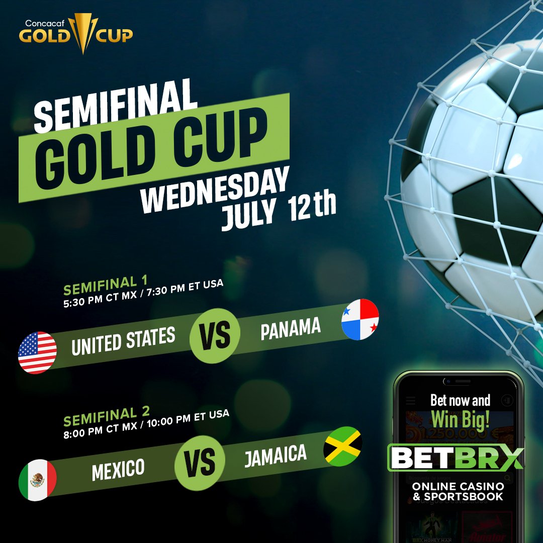 BetBrx's tweet photo. The CONCACAF Gold Cup semifinal is here!

United States vs. Panama 
Mexico vs. Jamaica

Wednesday, July 12th

Have you picked your favorites? Go to https://t.co/50mTkSCxim, place your bets, and crown yourself champion too!

#BetBRX #Sportsbook #Bet #GoldCup #Soccer #CONCACAF https://t.co/fMk5aaKPtl
