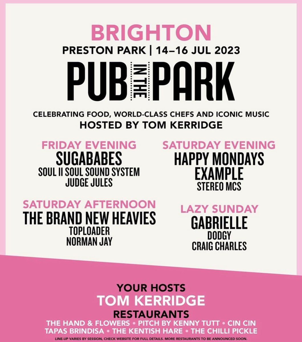 This Saturday!!! HAPPY MONDAYS play Pub in the Park with Tom Kerridge & Friends at Preston Park, Brighton on Saturday 15th July 2023!! 

🙌🏻 💃🏽🕺🏻 🥳 ⭐️

Tickets:

pubintheparkuk.com

#HappyMondays #PubinthePark #Brighton #Livemusic #tomkerridge @Pubinthepark_