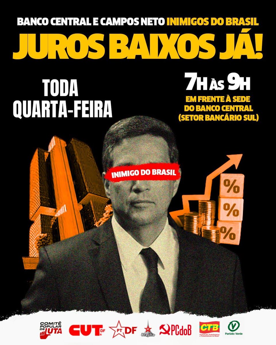 PauloVinicius65's tweet image. Amanhã, quarta-feira, 12/7, de 7 às 9 da manhã em frente ao Banco Central, venha soltar seu grito contra a agiotagem que quebra a economia popular, empobrece a classe trabalhadora e impede o desenvolvimento do Brasil! #Forac