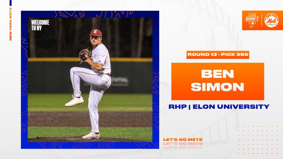 MetsPlayerDev's tweet photo. The @Mets have drafted RHP Ben Simon from Elon University with their 13th round pick. https://t.co/4mZJjnALgD