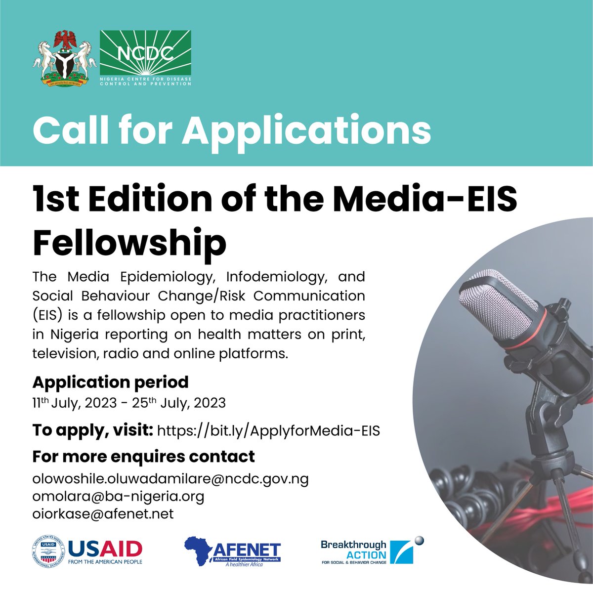 📝Call For Application Yesterday, we launched the #Media_EIS fellowship programme to strengthen health reporting in Nigeria, implemented in collaboration with @AfenetNigeria & @BANigeria. The fellowship will provide journalists with comprehensive training, mentorship and field…