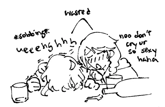 Alcott doesn't drink . leon gets really emotional and cries really hard until he passes out. leon and hyth are drinking buddies which is a horrible combination