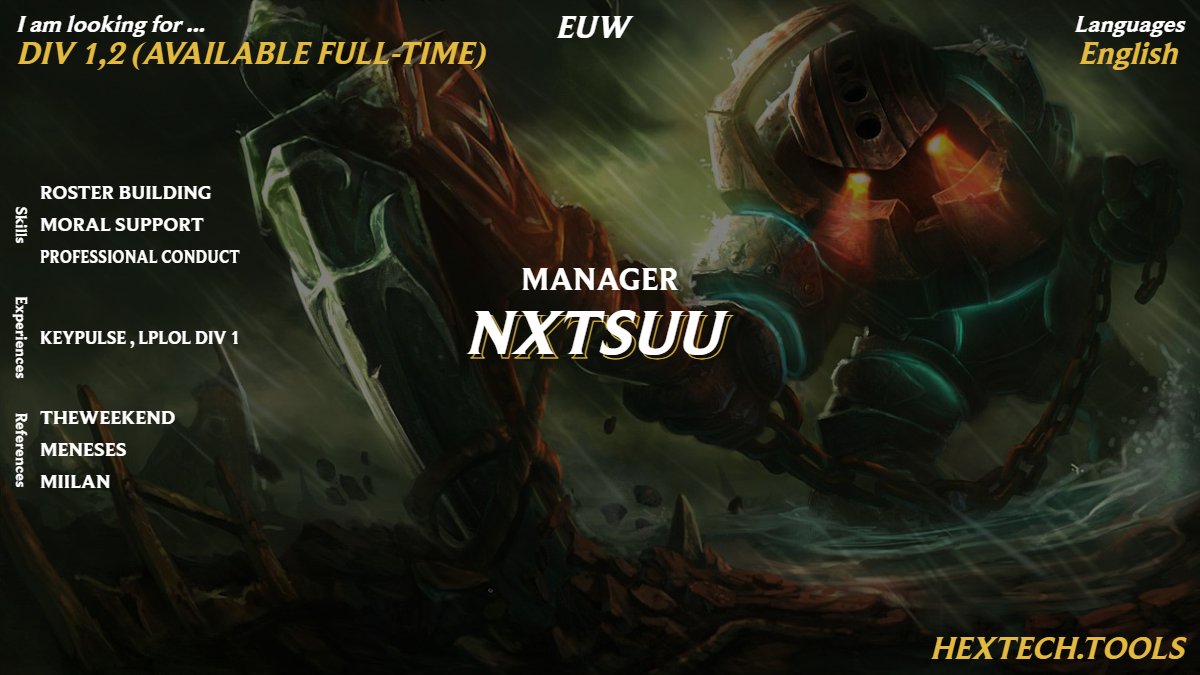 Nxtsuuxx's tweet photo. Due to the split coming to an end and my financial situation, I will be looking for new opportunities:
 
Div 1,2 
LoL or Val
Available full-time
CV on request 
Exp in management and creative fields.

 Likes&amp;RT's appreciated
#LFT #VALORANT #LeagueOfLegends

 #general https://t.co/LNmcwXq6PE