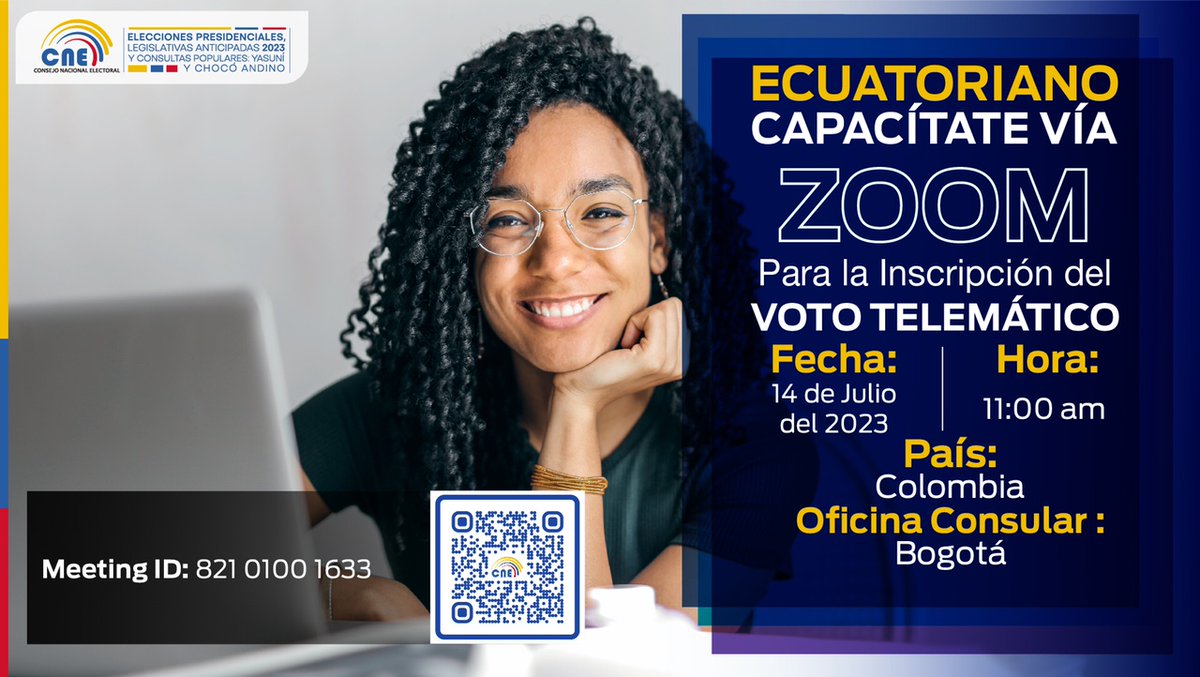 🇪🇨 en Bogotá - #EleccionesAnticipadas2023Ec #VotoTelemáticoEnElExteriorCAPACITACIÓN VÍA ZOOM PARA INSCRIPCIÓN DEL VOTO TELEMÁTICO  -
Jueves, 14 de julio de 2023, 11h00.
Te esperamos!!!