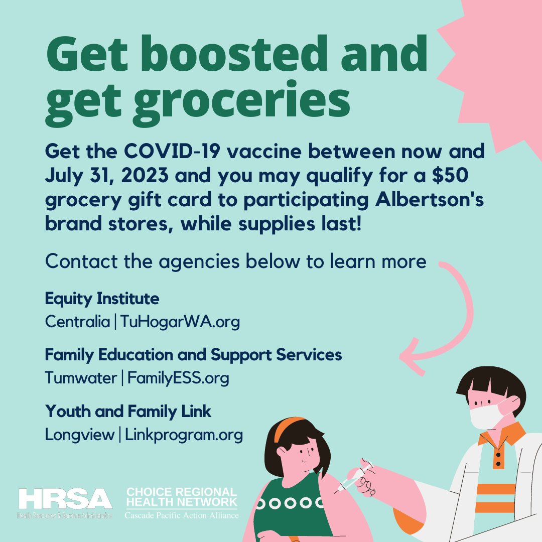 Get the COVID-19 vaccine between now and July 31 and you may qualify for a $50 grocery gift card to participating Albertson's brand stores while supplies last!