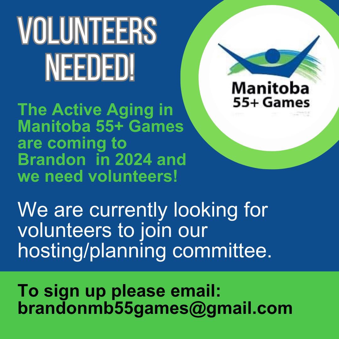 The Manitoba 55+ Games are coming to Brandon next year and we’re looking for volunteers to join our hosting/planning committee! If you’d like to join the team, please email us: brandonmb55games@gmail.com