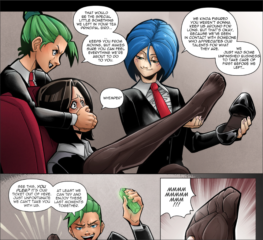 Someone isn't satisfied with their headmistress! Seems like Green and Blue are going to dispense their own justice on poor Ms. Byrd.

Available now on PATREON! 
patreon.com/briel7

#tickling #bondage #footfetish