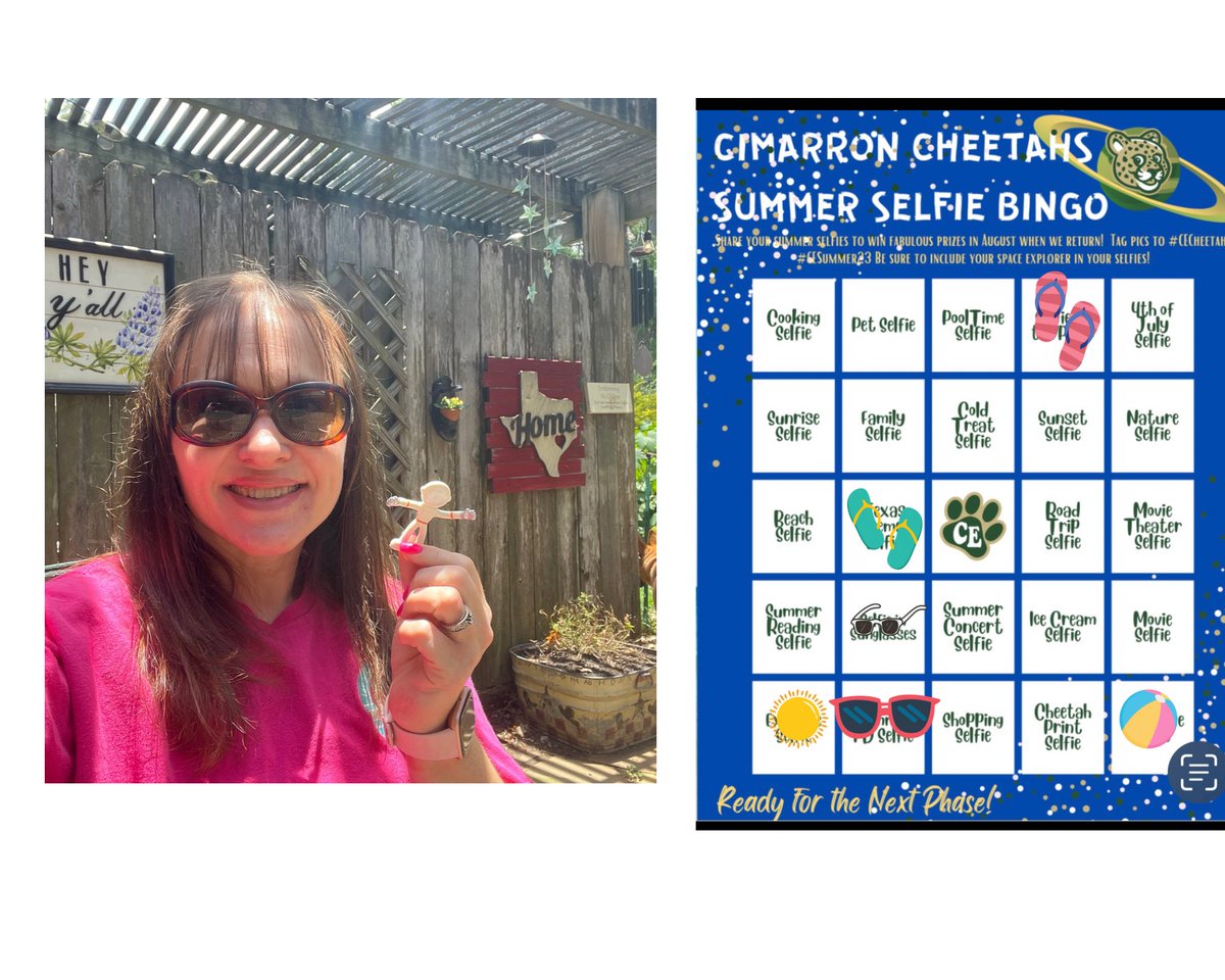 ECSEcheetahs's tweet photo. Work smarter, not harder! This is a 3 for one on my bingo card! Selfie in sunglasses on the Texas themed Patio! #CECheetahs #CESummer23 https://t.co/EFySwXzdRA