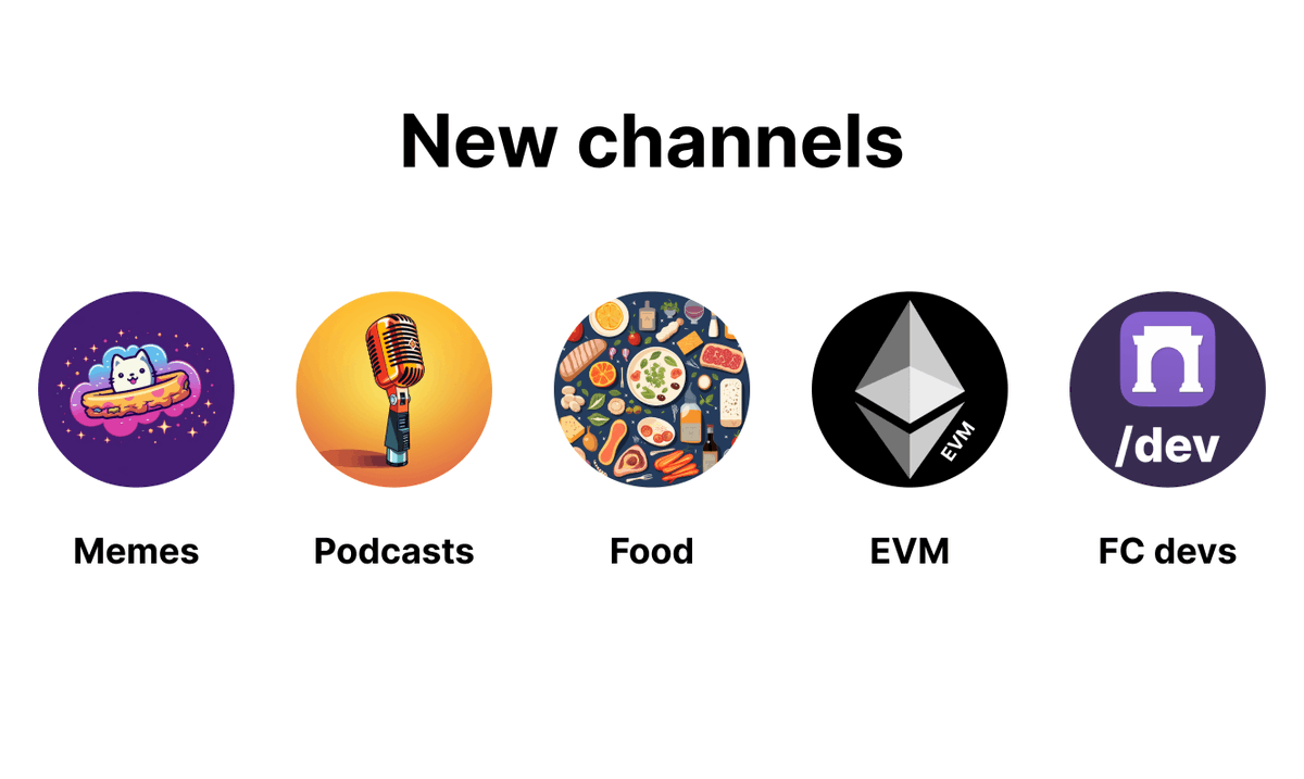 New Farcaster channels available on Warpcast - Memes - Podcasts - Food (cooking and eating) - EVM (Ethereum Virtual Machine) - FC devs (FC-native companion to the Telegram chat)