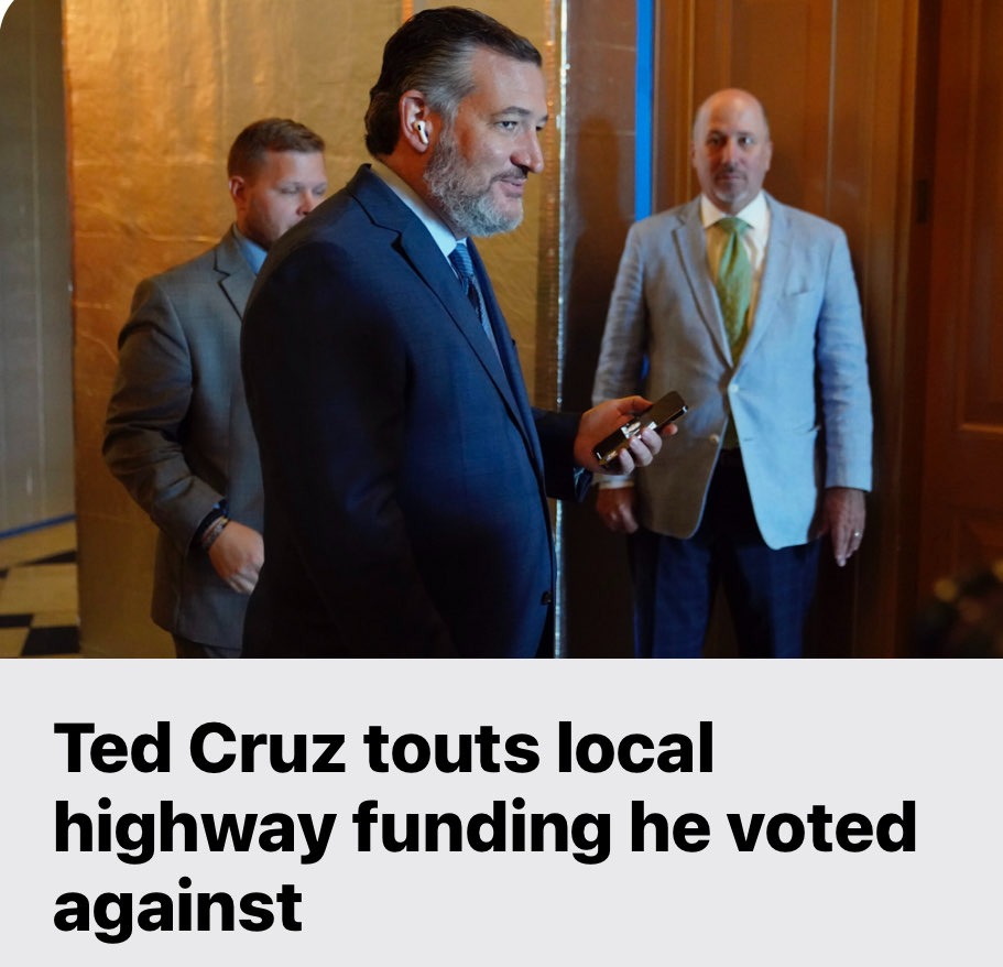 Hey @tedcruz, You are an embarrassing hypocrite and a liar. And the best part? We have receipts: You were caught red handed trying to take credit for securing funding for the expansion of Interstate 27, even though you voted against the Infrastructure bill that provided its