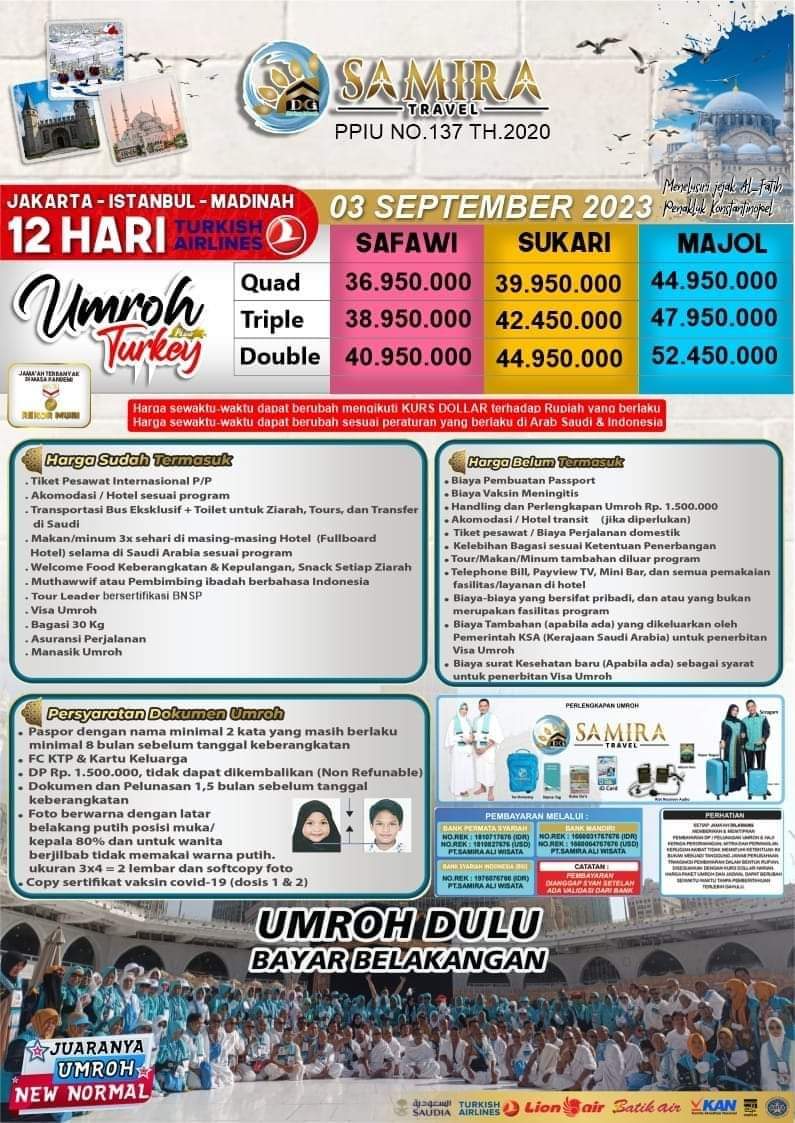 Bismillah.. 
Open seat Umroh plus Turkey bulan September, 12 hari.

Info Umroh dan Haji
📲 0859-4730-1462
wa.me/6285947301462
