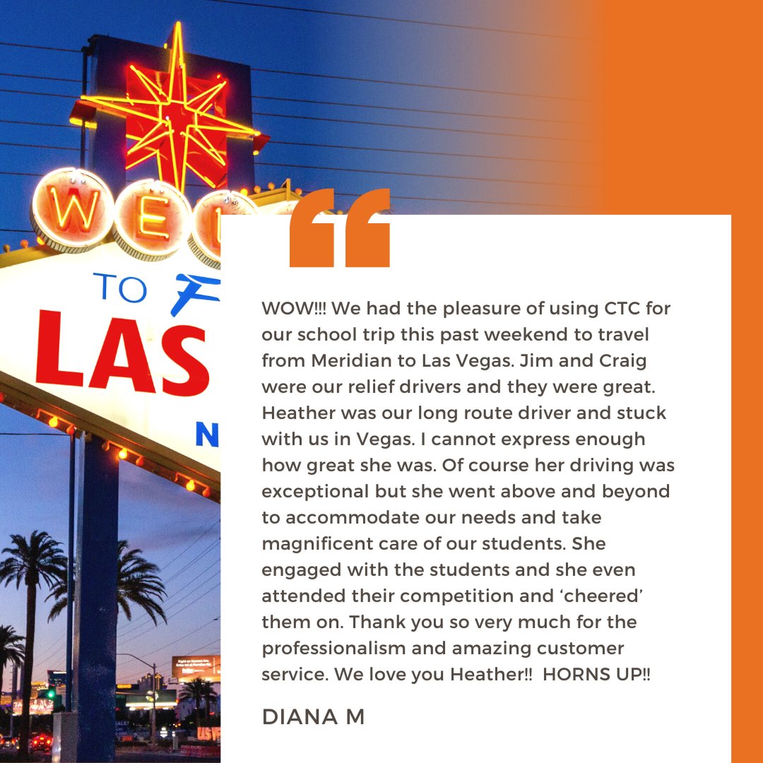 CTCBus's tweet photo. Thank you so much Diana! We are so lucky to have customers like you! 

#Testimonial #VegasTrip #CharterBus #Idaho https://t.co/CUDfgpiHXd