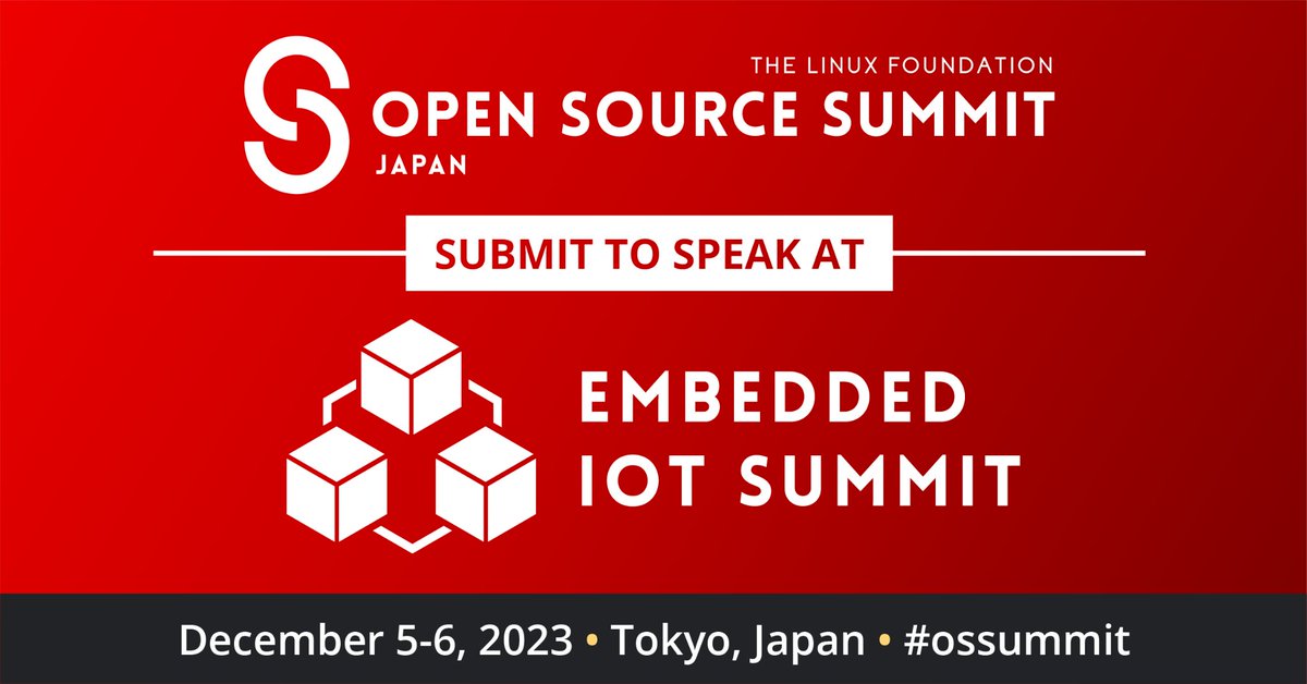linuxfoundation's tweet image. Submit to speak at Embedded IoT Summit at Open Source Summit Japan, where #SystemArchitects, #FirmwareDevelopers and #SoftwareDevelopers learn and collaborate. Speak on: #cybersecurity, best practices, #IoT RTOSes + MORE. Submit to speak: hubs.la/Q01XmdhJ0 #OSSummit