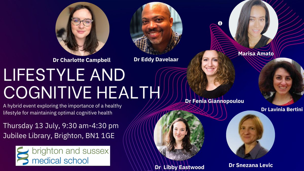Delighted with an amazing line of speakers from <a href="/BrightonHoveCC/">Brighton & Hove City Council</a>  <a href="/UKHSA/">UK Health Security Agency</a> <a href="/SussexUni/">University of Sussex</a> <a href="/uniofbrighton/">University of Brighton</a> <a href="/BSMSMedSchool/">BSMS</a> <a href="/ucl/">UCL</a> discussing #lifestyle and #cognitivehealth 💁‍♀️
Join us!✍️Thursday 13 July 9:30am
 In-person in Brighton or online
📷bit.ly/469Tixw
<a href="/MasseyDeeptima/">Deeptima Massey</a>👉🥁🙌