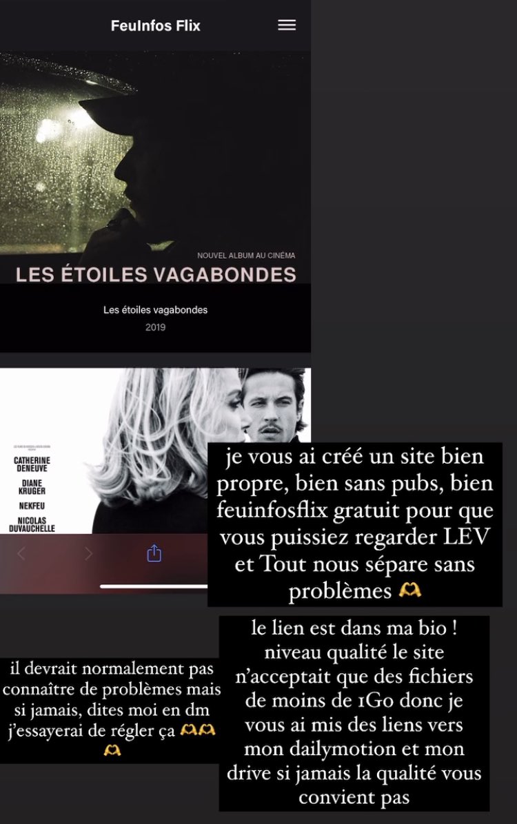 Originale_Nina's tweet photo. 👉Nekfeu, La page « FeuInfos » sur #Insta propose un site avec un lien pour voir 2films de Nekfeu 
- Les Etoiles Vagabondes 🔥
&amp; - Tout nous sépare 
Fabuleuse grandiose initiative 🔥
Nekfeu #Pagedefans
Ici 👉 https://t.co/bg1ZDlUQ25 👈 https://t.co/knxjCmo4EH