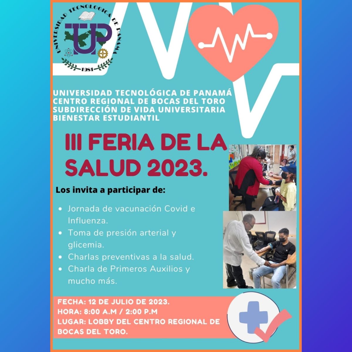 Están todos cordialmente invitados, a la 
III Feria de la Salud 2023 #UTPBocas 
Organizada por la Subdirección de Vida Universitaria.
🗓️ 12/7/23
🕒 08:00 AM - 12:00 MD
📍 Lobby del Centro Regional de Bocas del Toro.
¡Los esperamos!
#Salud #vida #vacúnate #DonaSangre #DonaVida