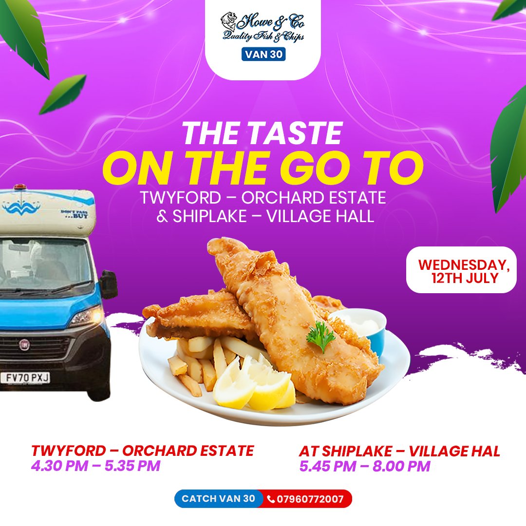 howechippyvan30's tweet photo. 🐟HOWE AND CO FISH AND CHIPS 🍟
🥳 Great news...We will be in TWYFORD – ORCHARD ESTATE and SHIPLAKE – VILLAGE HALL  🥳
#streetfoodinTwyford #fishandchipsinOrchardEstate #crispysnacksinShiplake #snacksinVillageHall #HoweAndCoVan30 #Van30 #FishandChips #cod #streetfoodsuk https://t.co/Hh4y0etYWT
