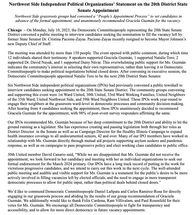 neighbors35th's tweet image. Below is our official statement on last night’s appointment of Natalie Toro as the next 20th District State Senator. While we’re disappointed @GuzmanGraciela_ was not appointed, we look forward to meeting with her to discuss her campaign for the 2024 Primary. ¡La lucha sigue!
