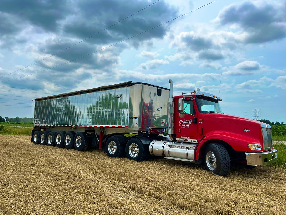 Red trucks, White wheat, and Blue skies! Harvest rolls on in the Saginaw Valley 🇺🇸🌾🇺🇸