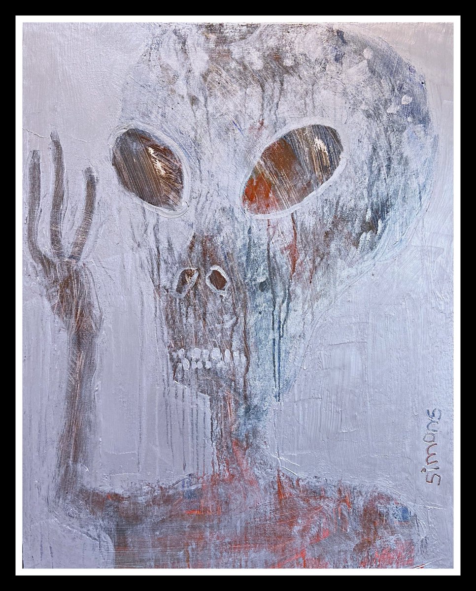 briansimons's tweet photo. In a frame: "SILVER ALIEN" 24x30" a/c Comments welcomed. https://t.co/STaafeZQNB