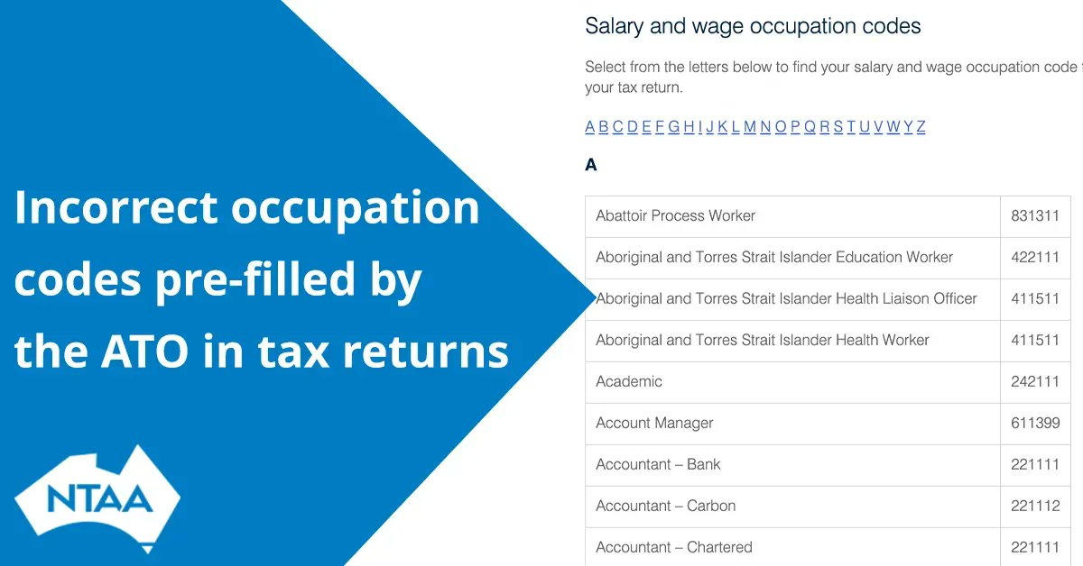 Incorrect occupation codes pre-filled by the ATO in tax returns buff.ly/3rgiwdK 
#NTAA #ATO #occupationcodes #taxpractitioners