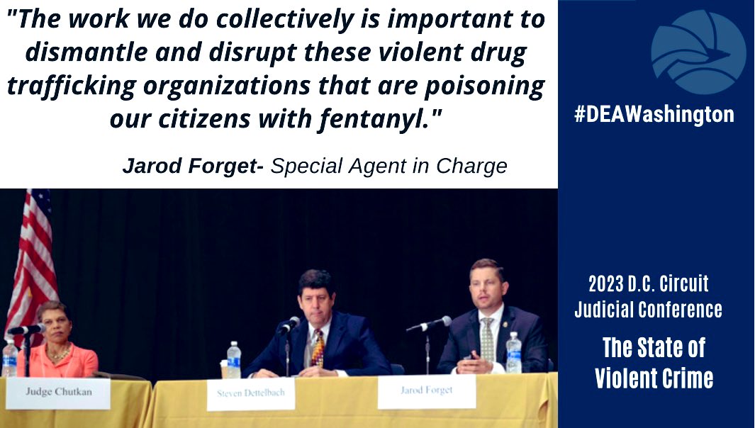 #DEA SAC Jarod Forget and @ATF Director Steve Dettelbach participated in a panel discussion at the 2023 D.C. Circuit Judicial Conference on "The State of Violent Crime." Moderated by <a href="/uscourts/">United States Courts</a> District Judge Tanya Chutkan, D.C.