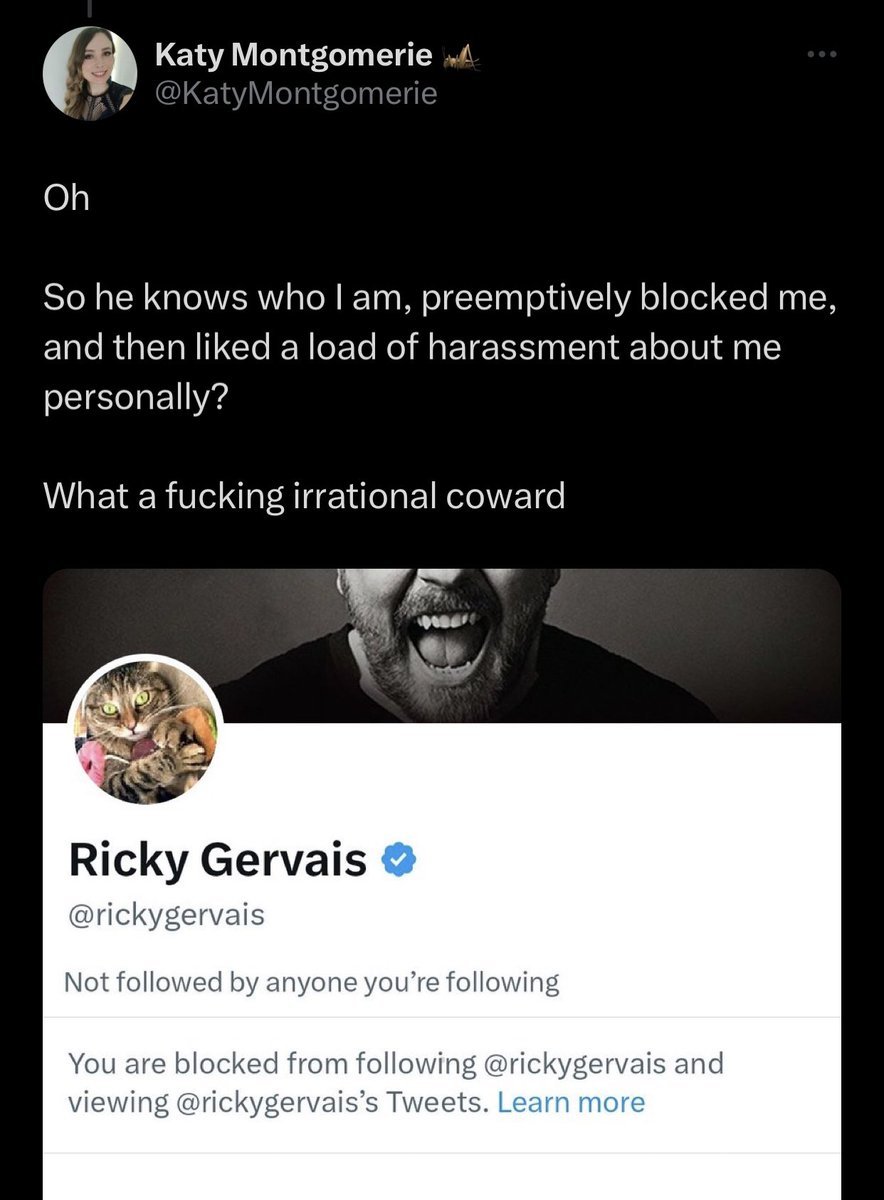This bloke is so annoying. If he is getting a pile on as he claims it is the karma he dishes out coming back to him. As for Ricky Gervais, he is free to block who he likes. https://t.co/M7sGuegCR6