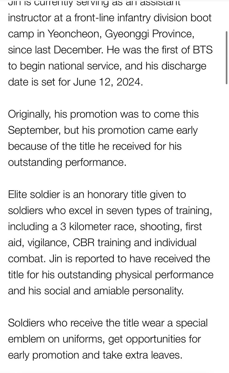 seokjinism1's tweet photo. Korea Herald: 

"#Jin of BTS that he was promoted to corporal two months earlier than scheduled after receiving the "elite soldier" title.

Elite soldier is an honorary title given to soldiers who excel in seven types of training, including a 3 kilometer race, shooting, first aid, vigilance, CBR training and individual combat. +

#방탄소년단진 #BTSJIN #ジン