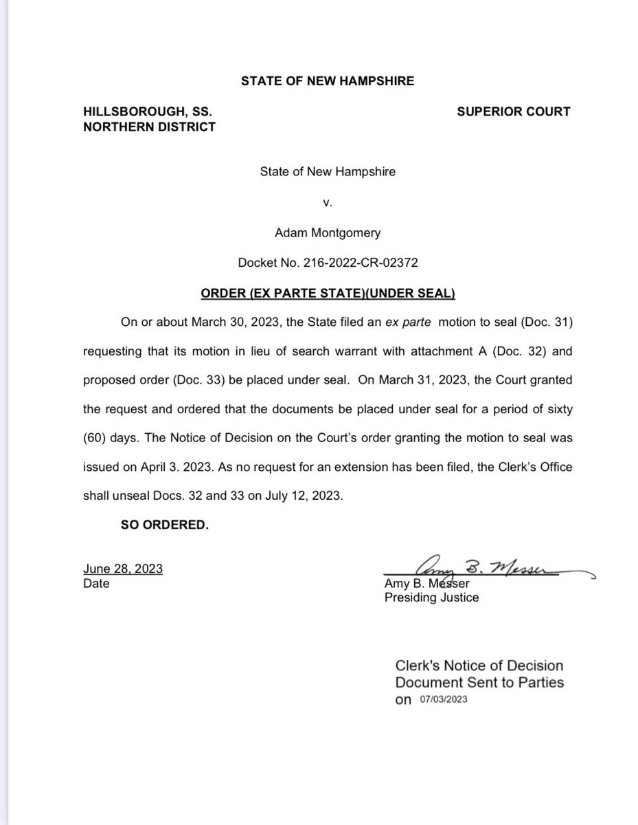 Order to Unseal a couple docs tomorrow in the #AdamMontgomery murder of #HarmonyMontgomery case.