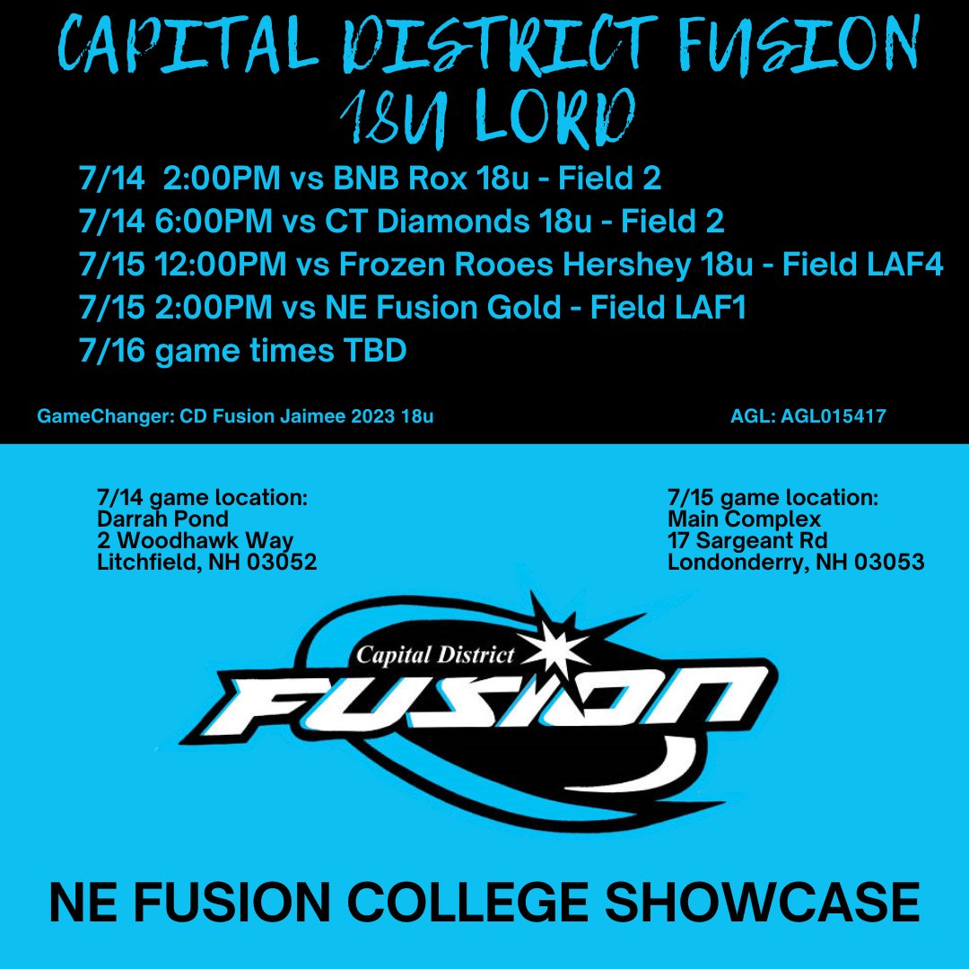 18u Lord is headed to NH for the NE Fusion College Showcase this weekend. Check out their schedule below: