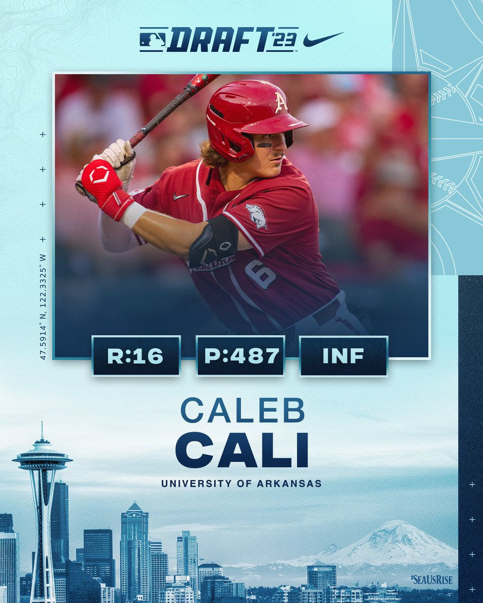 MsPlayerDev's tweet photo. In the 16th round of the 2023 #MLBDraft, we’ve selected @caleb_cali, an INF from @RazorbackBSB. #SeaUsRise https://t.co/BHWoctzKgn