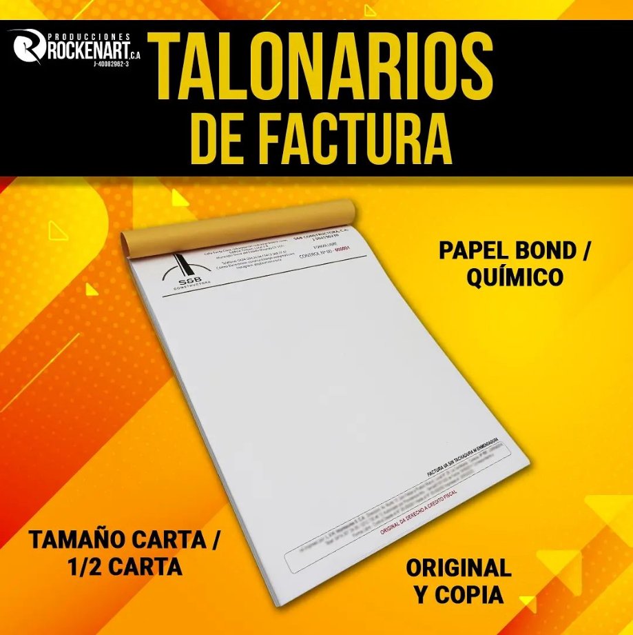 TALONARIOS DE FACTURA
Con el logo de tu empresa disponible en tamaños: (Carta / 1/2 carta) Papel Bond o Químico

✅ Pedido mínimo: 1 unidad
✅ Impresión a 1 color y full color
✅ Incluye DISEÑO
Contáctanos!!! 📞0212-7140210
📲WhatsApp:0212-2860452
#talonariosdefactura #factureros