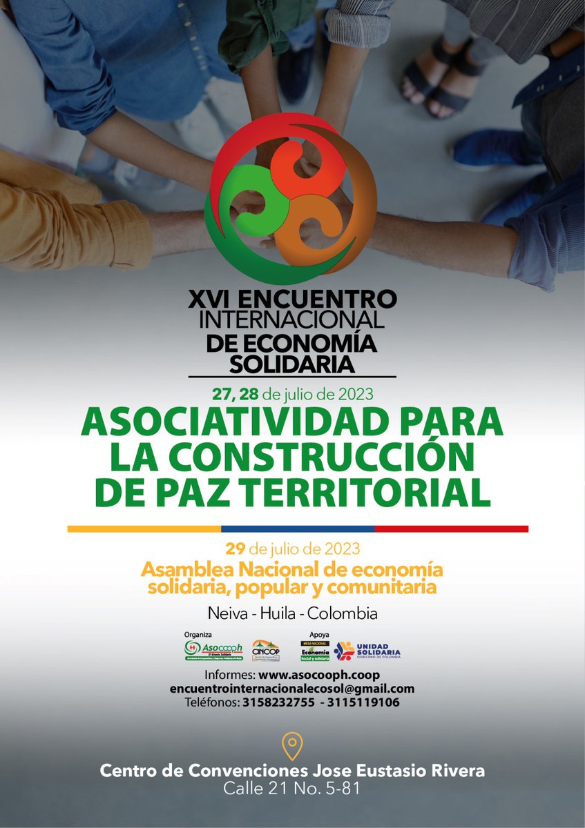 Asocooph's tweet photo. ¡Confirmado! El evento más grande de Economía Solidaria está por llegar. 📷📷📷
Prepárate para vivir dos días inolvidables en el Encuentro Internacional de Economía Solidaria este 27 y 28 de Julio en la ciudad de Neiva. ☀
#Neiva #Huila #EconomíaSolidaria #MejorCooperar https://t.co/0RGT8kE8v1